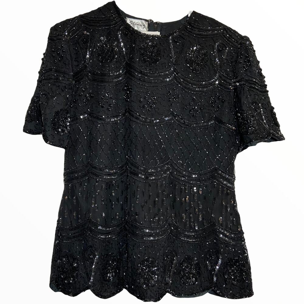 Vintage Stenay Blouse Top 80s Sequin Embellished Scalloped Hem Black Small NWT